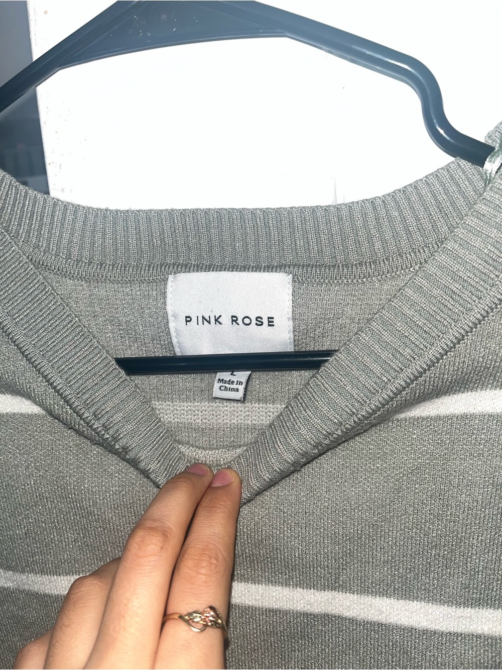 Moss Green, Gray, and White Striped Knit Sweater – Pink Rose Brand (Size L)